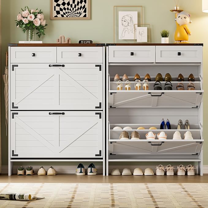 BORNOON Shoe Cabinet with Odor Control Deodorizer and Back Panel, Farmhouse Narrow Shoe Storage Cabinet Rack for Entryway with 2 Flip Drawers and 2 Top Drawers, Adjustable Shelves, Side Hooks