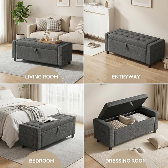 Amada 46" Ottoman with Storage, Side Pocket, Safety Hinge, Dark Gray | 30 gallon (112 liter) hidden storage, holds 400 lbs, 0.35" thicker wood panels, 3.14" thick foam, for end of bed, living room