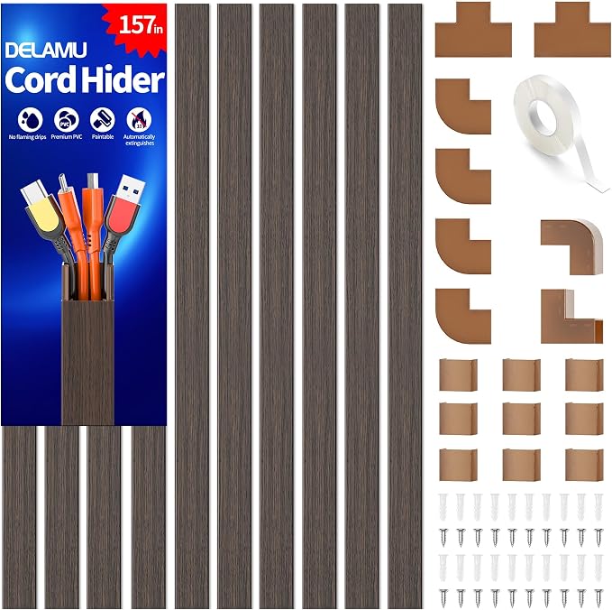 Delamu 157in Cord Hider Wall, TV Cable Hider Cord Covers for Wires on Wall, Large Cable Cover Raceway to Hide 2-4 Cords, Wire Hiders Wire Covers for Cords for TV on Walls, W1.18 H0.6in, Darkwood
