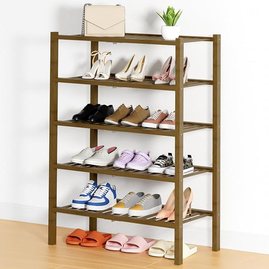 Smiry Bamboo Shoe Rack, 14 Vertical Slats, 5 Tier - 26.8" Wide, Walnut | Stackable Free Standing Wooden Shoe Organizer, Wood Shoe Storage Shelf for Closet, Entryway, Thicher Leg