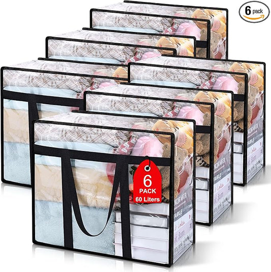 6Pack Clear Blanket Storage Bags Comforter Clothes Storage Moving Bag, 60L | Vinyl Material Reinforced Handle for Bedding, Clothing, Comforters, Pillows, Toys, Closet Organizers and Storage Containers