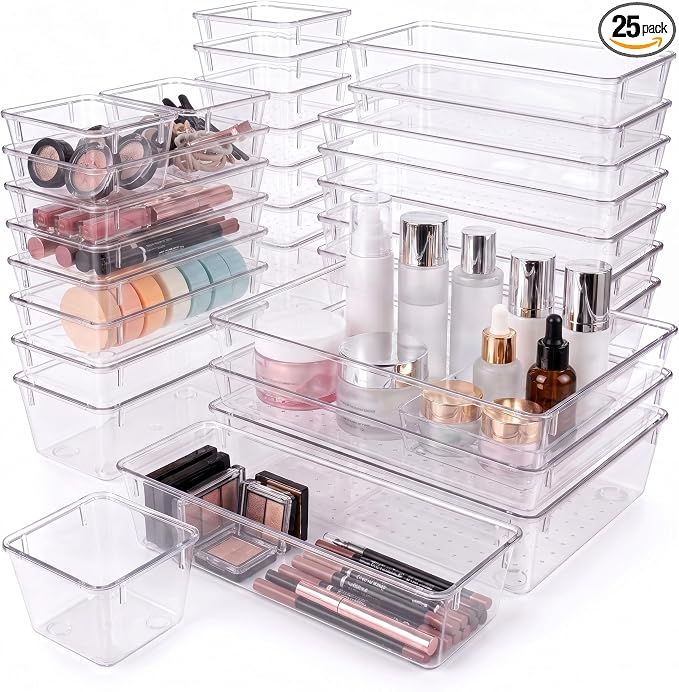 Zanora 25 PCS Clear Plastic Drawer Organizer Set, Drawer Dividers Organizers with 4 Sizes Storage Trays, Bathroom Drawer Organizers Makeup, Vanity Drawer Organizer, Desk & Kitchen Storage Bins