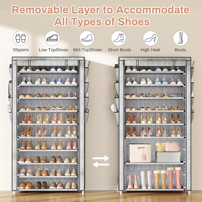 VTRIN Tall Shoe Rack with Cover, 10 Tier Shoe Organizer Storage for 50-55 Pairs Shoes and Boots Large Capacity Shoe Shelf with 8 Pockets Free Standing Shoe Rack for Closet, Entryway, Garage, Printing