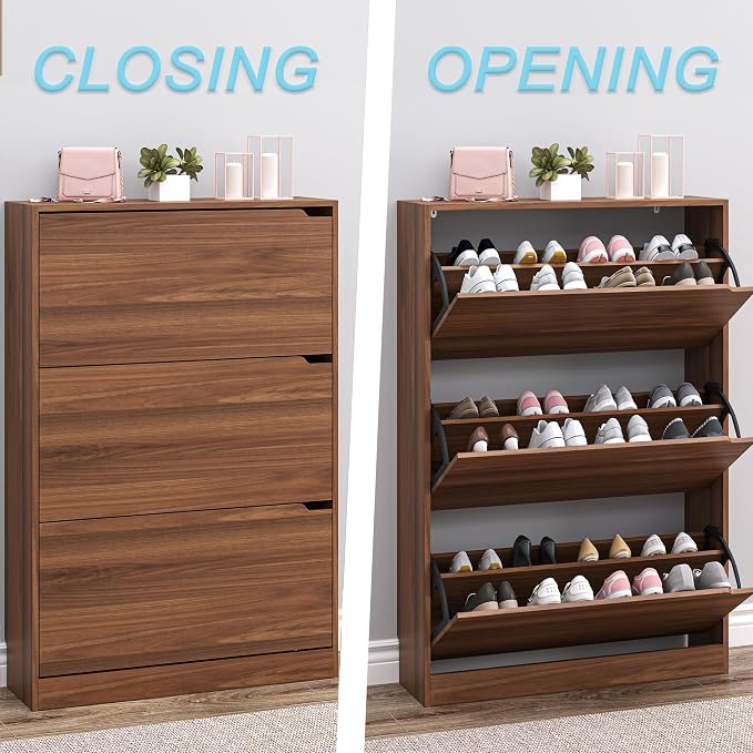 BORNOON Shoe Cabinet with 3 Flip Drawers, Slim Narrow Shoe Storage Cabinet, Freestanding Shoe Organizer with Adjustable & Removable Shelves, Top Display Shelf for Entryway, Hallway, Foyer, Closet