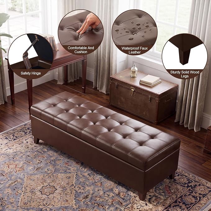 51" Dark Brown Leather Storage Ottoman for Living Room | End of Bed Storage Ottoman Bench, Faux Leather Upholstered Ottomans with Hinged Lid, Rectangle Bench for Entryway&Bedroom