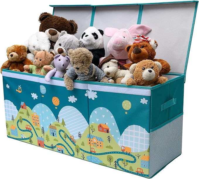 SoftOwl Extra Large Toy Storage Organizer with Lid - Sturdy, Collapsible Toy Chest Storage Box with Cute Design - Toys Bin with Dividers for Kids, Boys, Girls, Nursery, Bedroom, Play room 37"x16"x14"