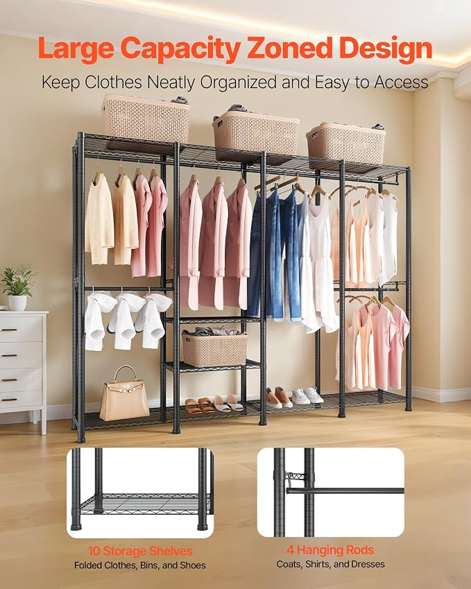 VEVOR Clothing Garment Rack, Heavy Duty Closet Wardrobe, Adjustable Tiers Clothes Racks with Steel Frame, for Bedroom, Clothing Store, Hallway