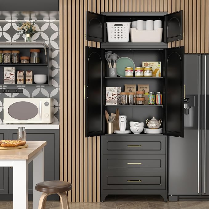 SteeLoong 90”Kitchen Pantry Cabinet, Metal Storage Cabinet with 3 Drawers | Black Pantry Cabinets for Kitchen Storage with 2 Adjustable Shelves,Tall Freestanding Cupboard for Living Room,Kitchen,Garage