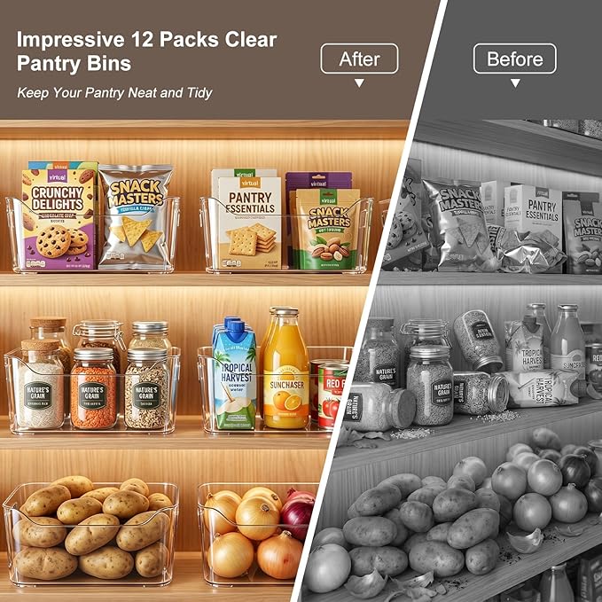Hudgan 12 Pack Pantry Storage Bins for Kitchen Cabinet, Clear Plastic Organizer Bins for Bathroom, Pantry Organizer Containers for Home Edit, Drawer, Under Sink, Fridge