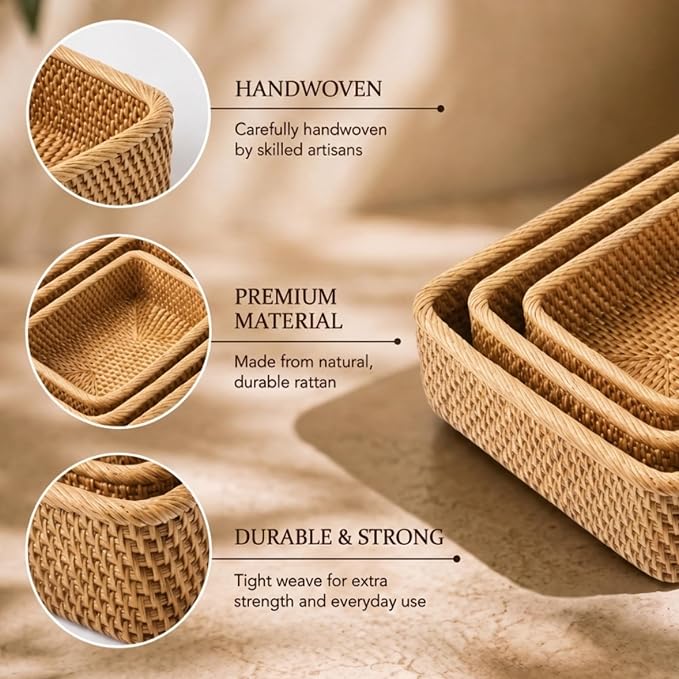 Yangqihome Natural Rattan Storage Baskets, Rectangular Woven Fruit Baskets, Decorative Wicker Basket Large Baskets for Organizing (L)