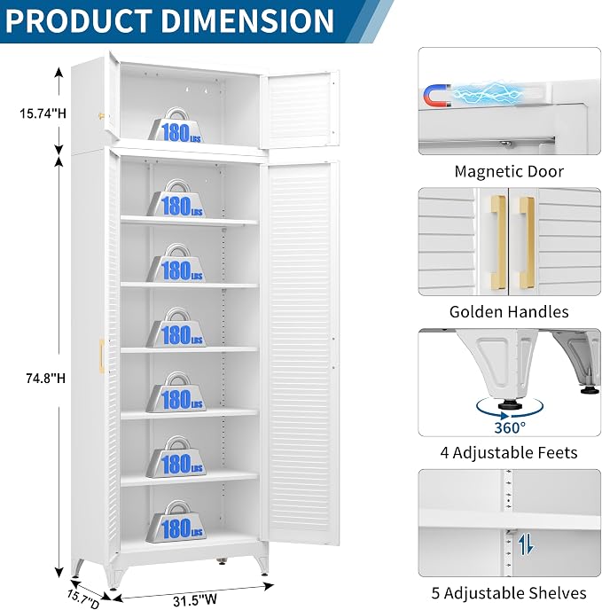 90" Tall Metal Kitchen Pantry Storage Cabinet with Doors | White Freestanding Heavy Duty Steel Cupboard, 5 Adjustable Shelves,Extra Large Organizer for Home and Garage (2 Boxes)