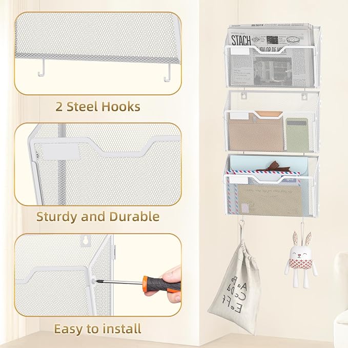 Docnest 3 Pack Mesh Wall File Holders with Hooks for Mail, White | Space-saving vertical design with utility hooks. Ideal paper document organizer for office, home, and school