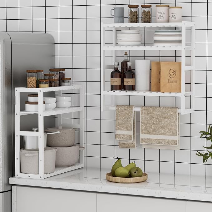Towel Rack Bathroom Storage Shelves Over The Toilet with Towel Bar 100% Bamboo Adjustable Height Floating Shelf Wall Shower Shelf for Small Space Updated Painting