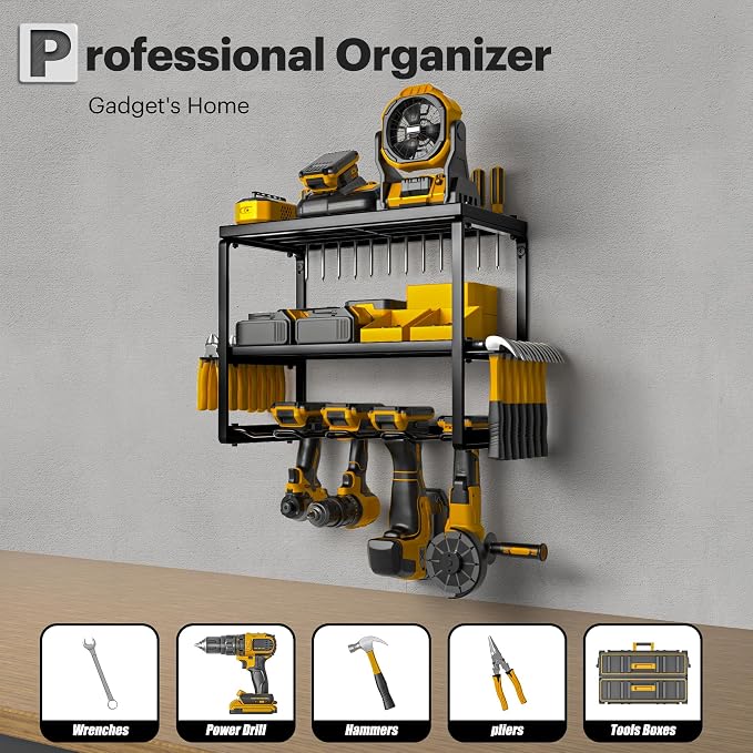 Spampur Power Tool Organizer, 3 Layers 4 Drill Holder Wall Mount | Garage Storage Rack for Handheld, Metal Tool Shelf Utility Rack for Cordless Power Tools, Suitable for Giving men