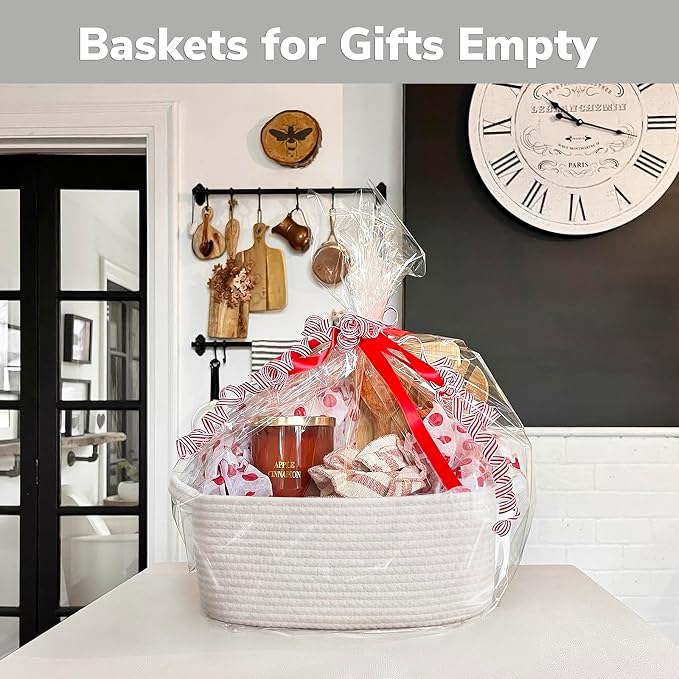 CHICVITA Small Cotton Rope Gift Baskets Empty for Shelves, White | 13" x 10" x 5", Decorative Storage Basket for Toys, Diapers & Baby Showers, Nursery & Closet Storage, Built-In Handles