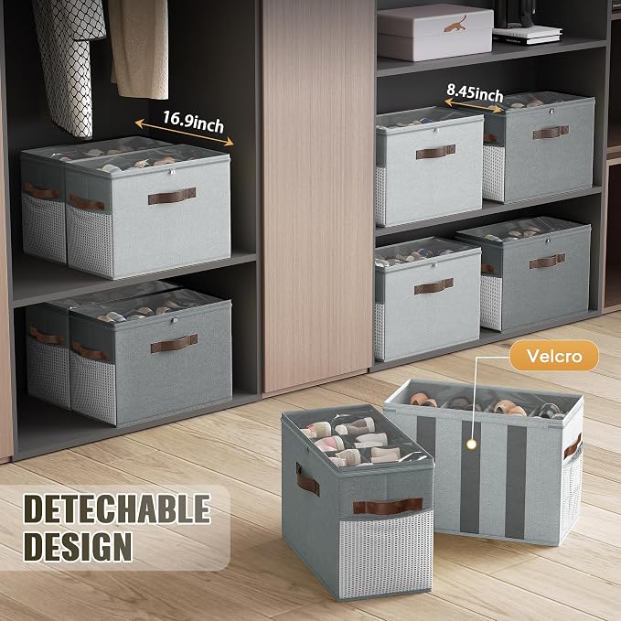 2 Pack Shoe Organizer for Closet, Foldable Shoe Storage with Adjustable | Farbic shoe storage organizer box bin with clear cover, fits up to 16 pairs, shoe storage box for closet, entryway, gray