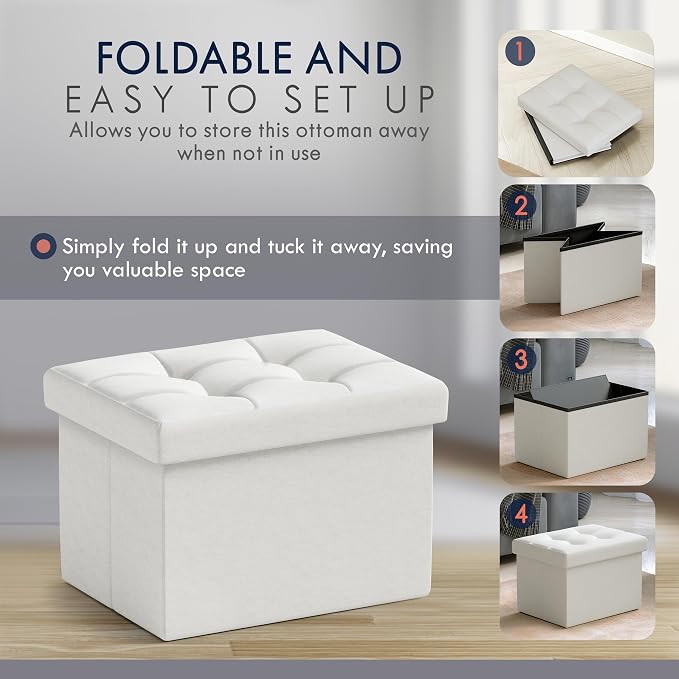 Ornavo Home Small Rectangle Storage Ottoman, Linen, 12x16x12, White | Collapsible Cube Design; Foot Rest Stool Seat; Ideal for Living Room, Bedroom, Home Office or Dorm