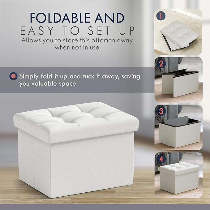 Ornavo Home Small Rectangle Ottoman Set of 2, Linen, 12x16x12, White | Storage Collapsible Design; Foot Rest Stool Seat; Ideal for Living Room, Bedroom, Home Office or Dorm