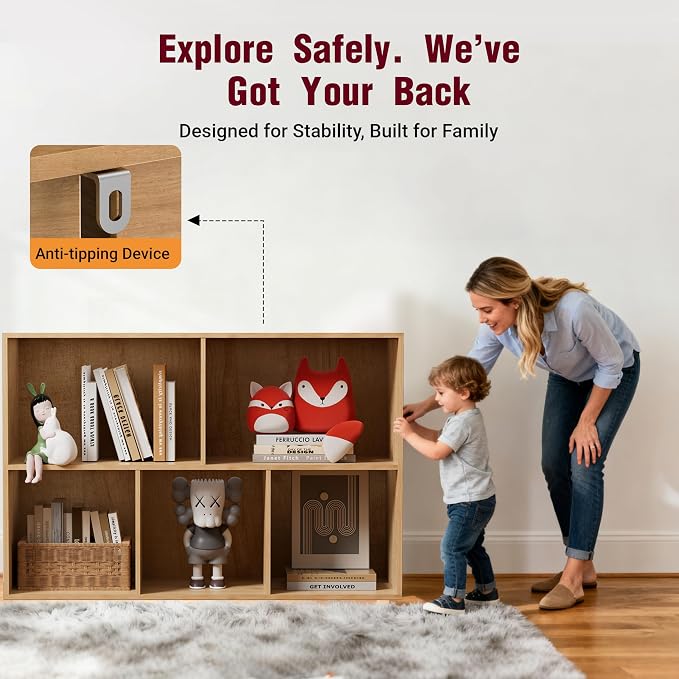 Book Shelf, Wooden Cube Storage Organizer with 11" Open Cubes, Stackable Modular Bookcase for Room Divider Storage, 2 Tier Bookshelf for Living Room, Bedroom, Office (Oak, 5-Cube)
