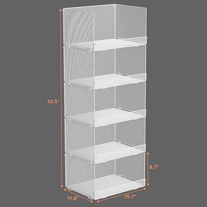 Tiaoheka 5-Tier Stackable Closet Organizers and Storage, Metal Wire Storage Shelves for Closet, Mesh Closet Shelves and Storage Bins for Clothes, Sweaters and Handbags