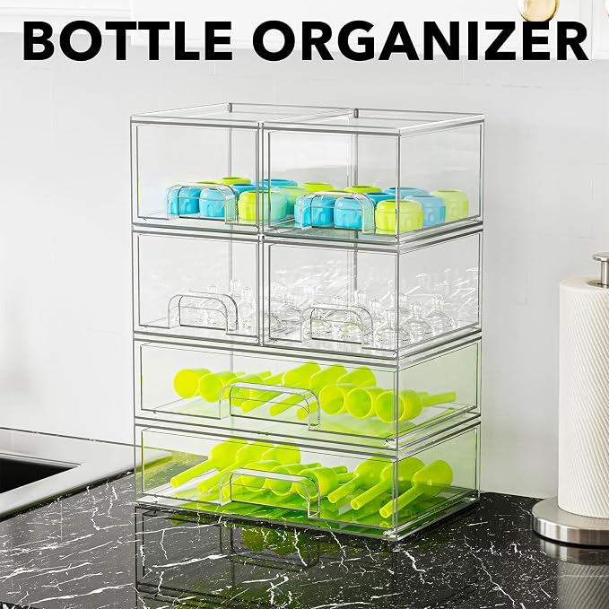 SpaceAid Bottle Storage Organizer Baby - Acrylic Bottles Station Organizer Container, Stackable Clear Drawers for Countertop, Vanity, Bathroom, Cabinet, Pantry Organization, 6 Pack, 4S2L, 15.6"H