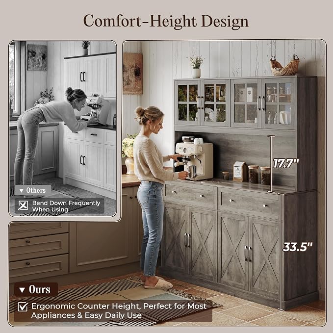 71''H x 55.1''W Pantry Cabinet with Charging Station, 4 Wide Cabinets Kitchen Pantry with 2 Drawers, Farmhouse Hutch Storage Cabinet, Tall Coffee Bar, Acrylic Door, Adjustable Shelves, Grey