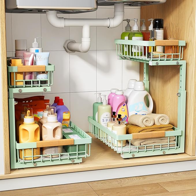 PXRACK Under Sink Organizer, Adjustable Height, 2 Tier Pull Out Under Cabinet Organizer, Slide Out Thickened Metal Under Sink Storage for Kitchen Bathroom Laundry Pantry Cabinet, Green, Large-2-Pack