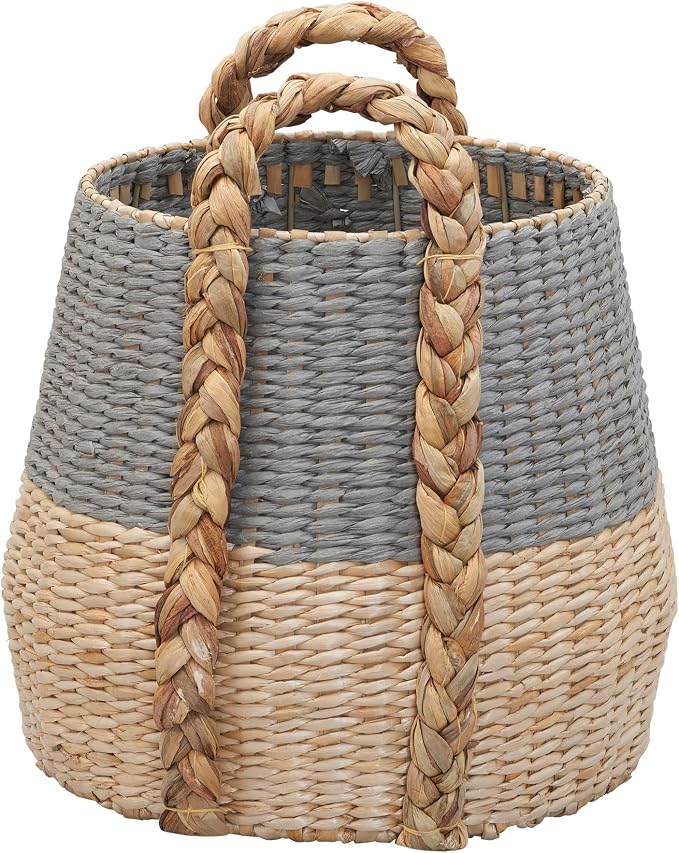 Household Essentials Handwoven Cattail and Paper Rope Terra Basket Decorative Storage Organizer, Natural and Gray Finish