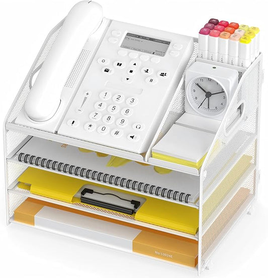 4 Tier Mesh Desk Organizer with Pen Holder and Handle Letter Tray | Metal desktop document shelf and paper sorter. Premium mesh workspace storage for office, home, and classroom