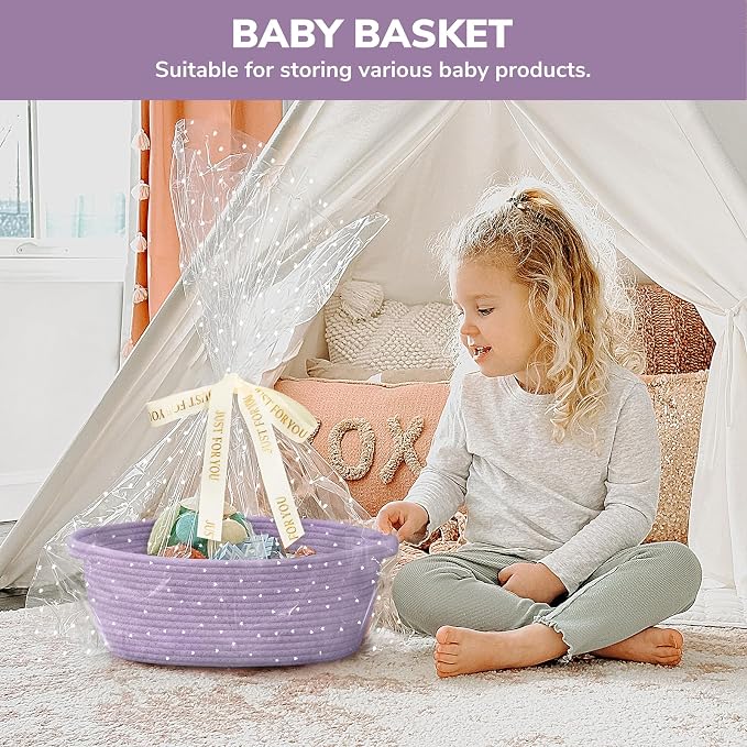 CHICVITA Gift Basket Empty with Bags & Ribbon for Baby Shower, Purple | 12"x 8"x 5" Woven Gift Basket Empty to Fill for Holiday, Rope Baskets for Organizing, Birthday Basket, Dog Toy Basket