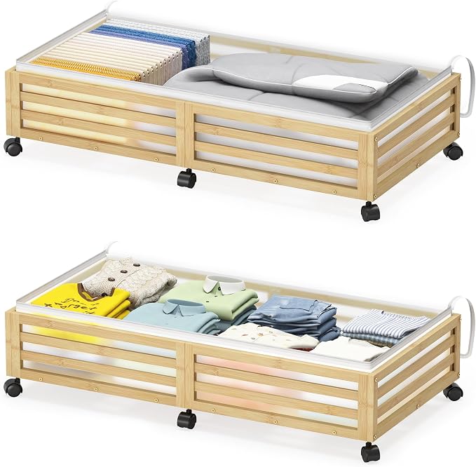 Under Bed Storage with Wheels, 2 Pack Bamboo Drawers for Shoes and Clothes | Fitted dustproof bags, stackable design, smooth pullout access for bedding, blankets, toys and seasonal essentials