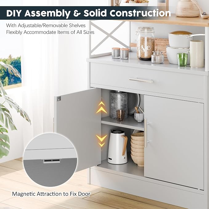 Farmhouse Buffet Sideboard with 2 Doors and 1 Drawer, Open Storage & Adjustable Shelf, Coffee Bar Cabinet for Kitchen/Laundry/Living Room, White