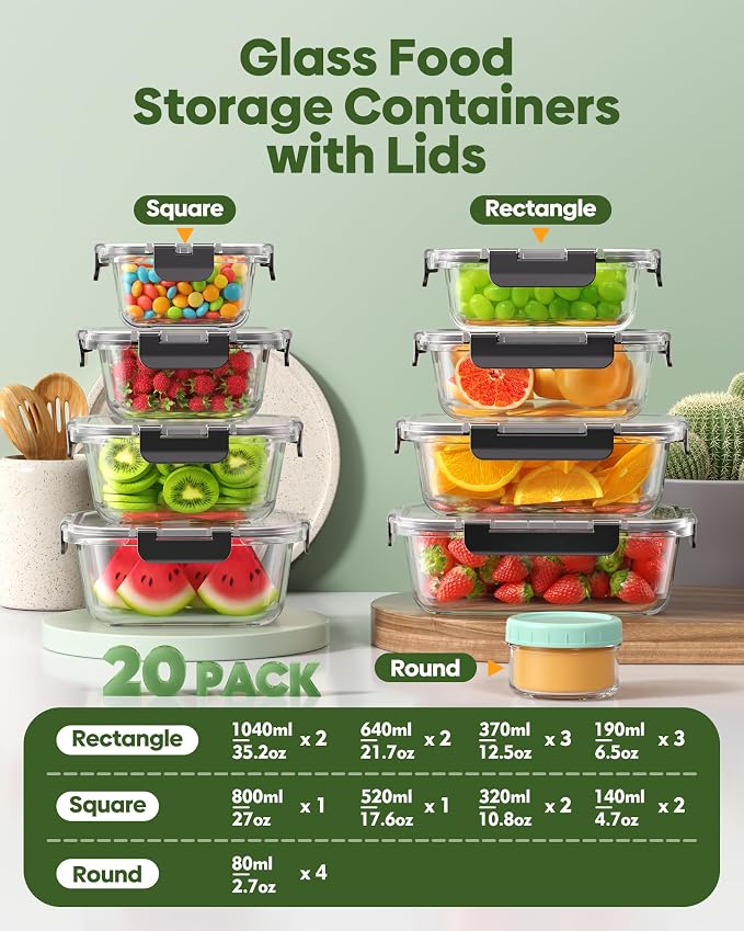 KEMETHY 40 PCS Glass Food Storage Containers with Lids | Borosilicate Glass Meal Prep Containers, BPA-Free, Leak Proof, Reusable, Microwave/Dishwasher Safe, 20 Container & 20 Lid