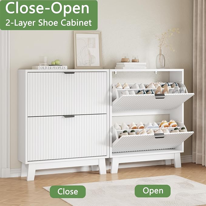 Xixini Shoe Cabinet with 2 Flip Drawers, 37" Tall Narrow Fluted Shoe Storage Organizer for Entryway, Hidden Slim Wooden Shoe Rack Cabinet for Front Door Entrance, Hallway, Living Room, Solid White