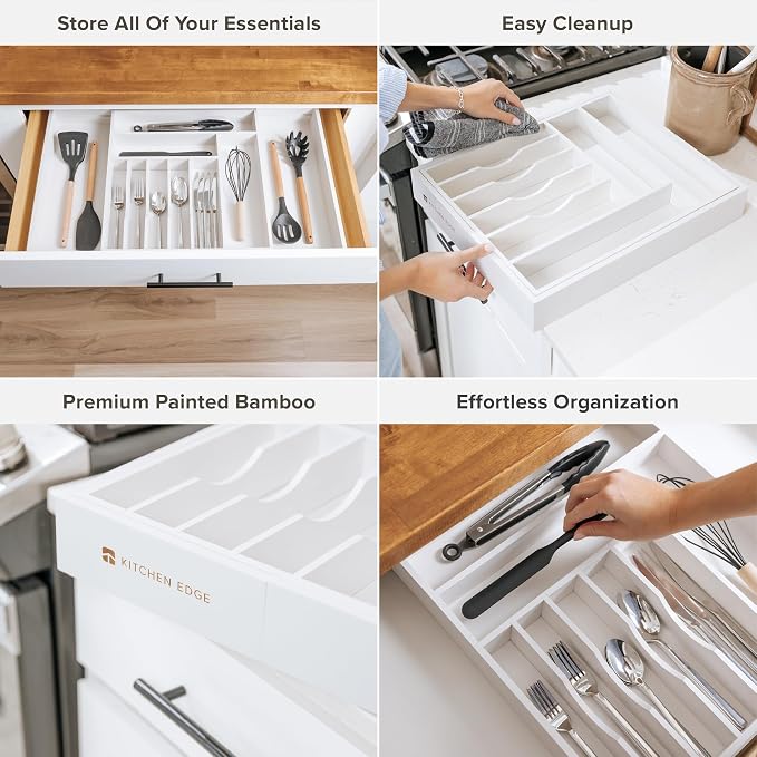 KitchenEdge Silverware & Utensil Drawer Organizer, 16-28 in, White Bamboo | Cutlery, flatware, food-safe contract grade, kitchen drawer fit