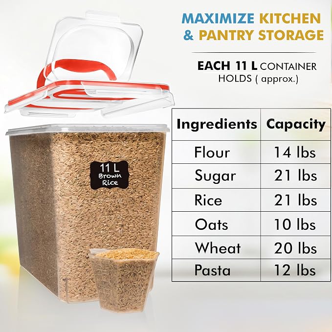 Shazo 2 PC (11L | 372 oz) Flour Sugar Storage Containers with Spout Lid & Easy Carry Handle - BPA Free Extra Large Airtight Food Storage Containers with Lids - Rice Canisters Sets for Kitchen & Pantry