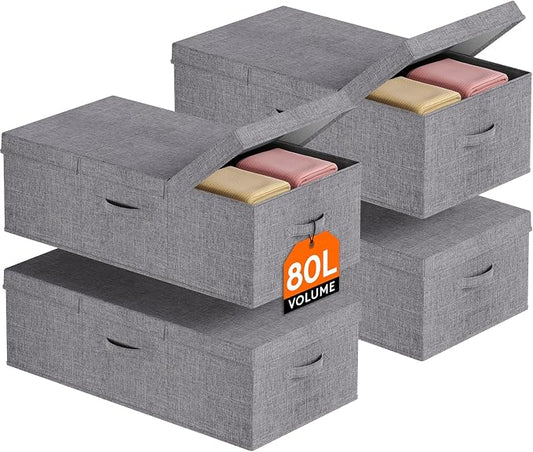 Lifewit 80L Under Bed Storage Containers, 9.8 Inch Tall Underbed Clothes Storage Organizer Bin with Sturdy Sidewalls, Bottom, 3 Lids, Deep Storage Drawer for Clothes, Shoes, Blankets, Pillows 4 Pack