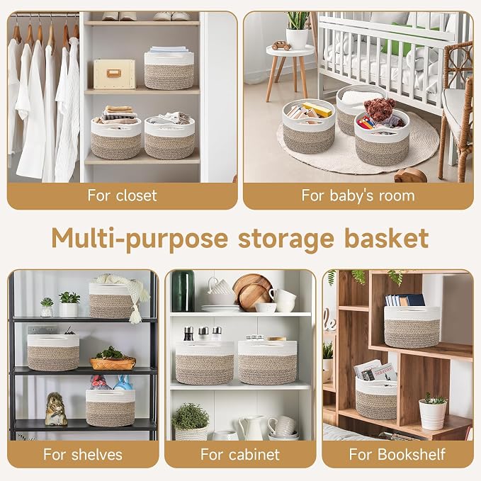 3 Pack Small Rope Storage Baskets, 9.82×9.82×7.1", Mixed Brown | Cotton Basket for Gifts Empty, Cute Round Woven Basket, Decorative Shelf Basket Organizer, Organizing Basket for Shelves