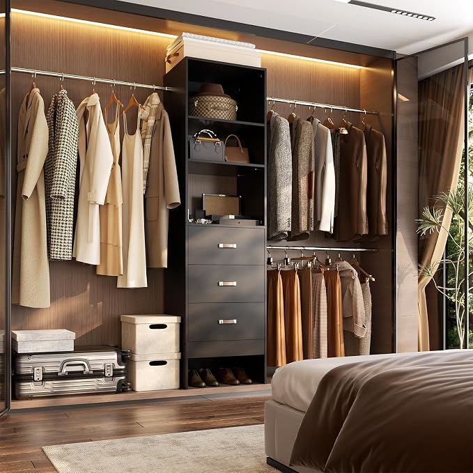 Besiost 96'' Closet Organizer System with 3 Hanging Rods, 8FT Closet Organizers and Storage with 3 Wooden Drawers, Built in Closet Organizer Systems, Adjustable Walk-in Wardrobe from 5-8FT, Black