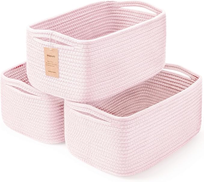 Shelf Baskets for Organizing | Storage Basket for Shelves | Small Woven Baskets | Rope Toy Basket | Closet Organizer Bins | Cube Decorative Box | 11.8×7.8×5.1” | 3 Pcs Mixed Pink