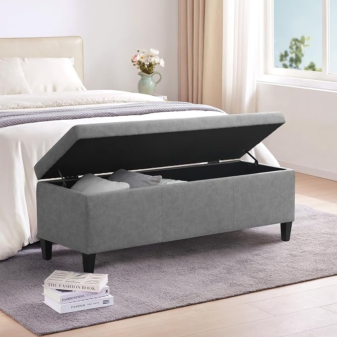 Storage Ottoman Bench 50.3" Faux Leather Upholstered End of Bed Bench, Grey | Hidden Storage Accent Ottoman for Living Room, Bedroom, Entryway, Wooden Legs, Safety Hinges, Load up to 300lb