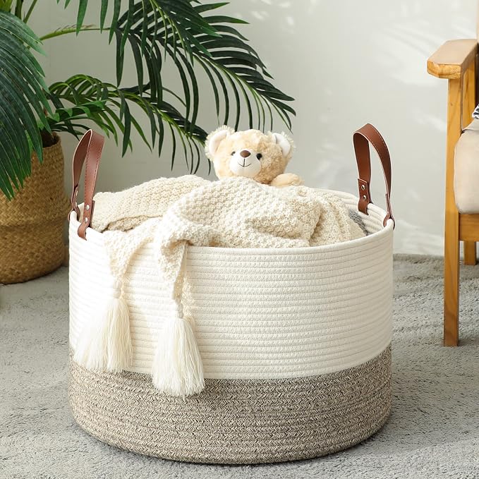 KAKAMAY Large Blanket Basket (20"x13"),Woven Baskets for storage Baby Laundry Hamper,Cotton Rope Blanket Basket for Living Room, Laundry, Nursery, Pillows, Baby Toy chest (White/Beige) | Extra Large Capacity | Natural Cotton Rope | Blanket Storage | Wo...