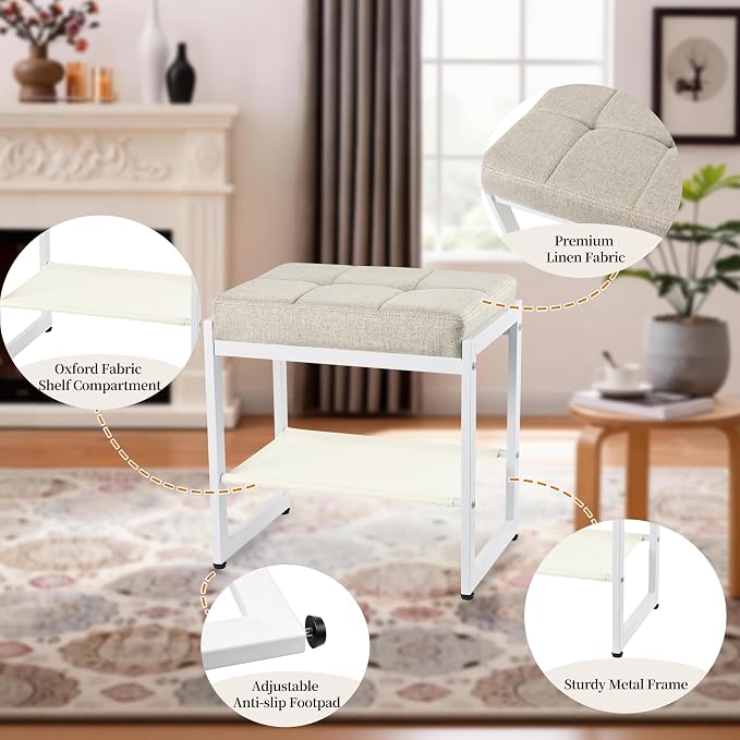 Vanity Stool, Vanity Chair Stools with a Lower Storage Shelf, Square Linen Upholstered Ottoman Bench for Bedroom, Living Room, Small Modern Metal Legs Makeup Chairs, Linen Beige&White