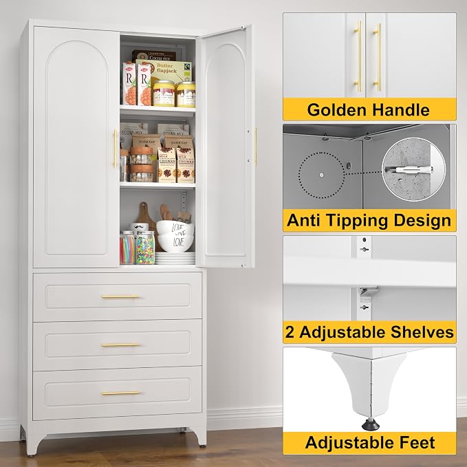 SteeLoong 75”Kitchen Pantry Cabinet, Metal Storage Cabinet with 3 Drawers | White Pantry Cabinets for Kitchen Storage with 2 Adjustable Shelves,Tall Freestanding Cupboard for Living Room,Kitchen,Garage