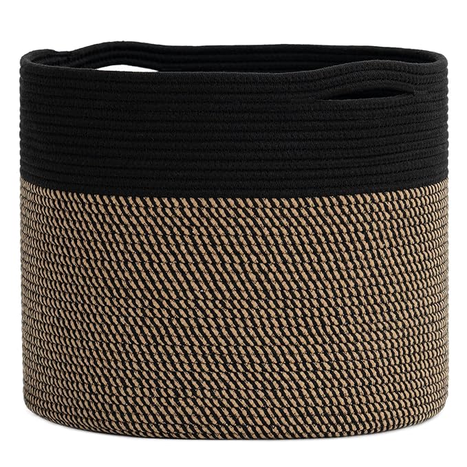 Goodpick Wicker Blanket Basket Living Room, Toy Storage for Playroom, 45L | 15.8 x 15.8 x 13.8 In Toy Storage Basket for Nursery, Blanket Basket for Living room, Laundry Basket, Black & Mix Jute
