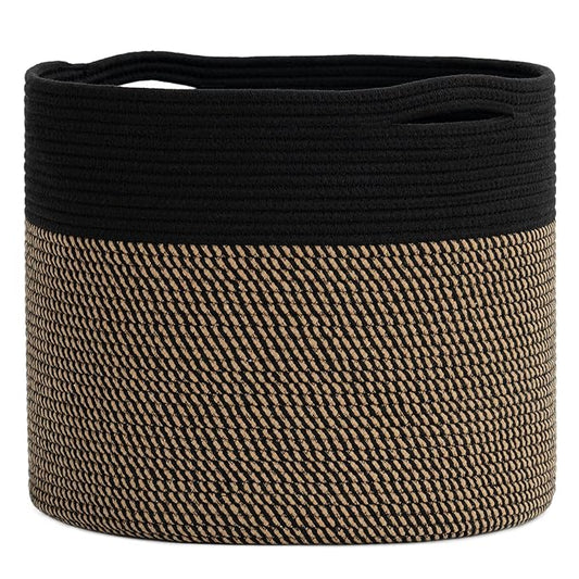 Goodpick Wicker Blanket Basket Living Room, Toy Storage for Playroom, 45L | 15.8 x 15.8 x 13.8 In Toy Storage Basket for Nursery, Blanket Basket for Living room, Laundry Basket, Black & Mix Jute