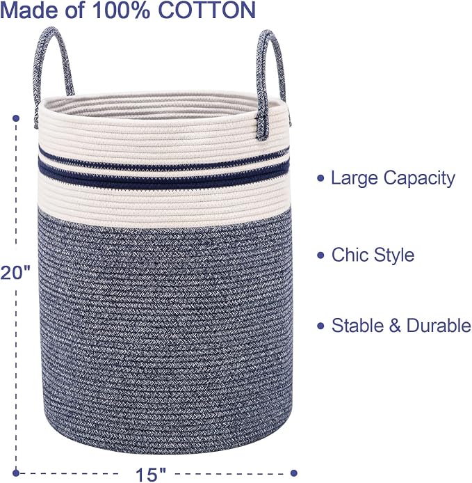 Woven Rope Laundry Hamper Basket by YOUDENOVA, 58L Tall Luandry Basket, Baby Nursery Hamper for Blanket Storage in Bedroom-Large-Blue | Large Woven Laundry Hamper with Sturdy Handles, Collapsible Home Decor Laundry Basket for Laundry, Clothes, Toys in ...