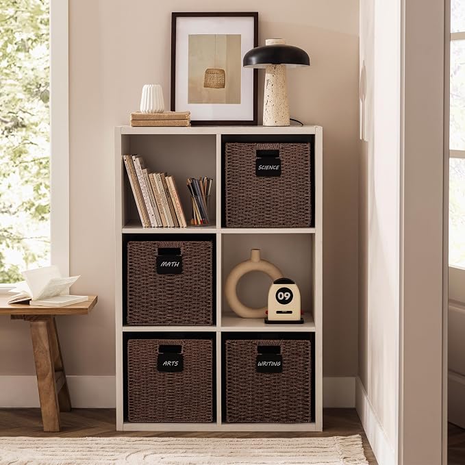 UBBCARE 4 Pack Wicker Basket, 13×13 Storage Cubes with Label, Foldable Cube Storage Bin with Handle, Square Storage Basket for Shelves, Woven Paper Rope Basket for Organizing, Brown