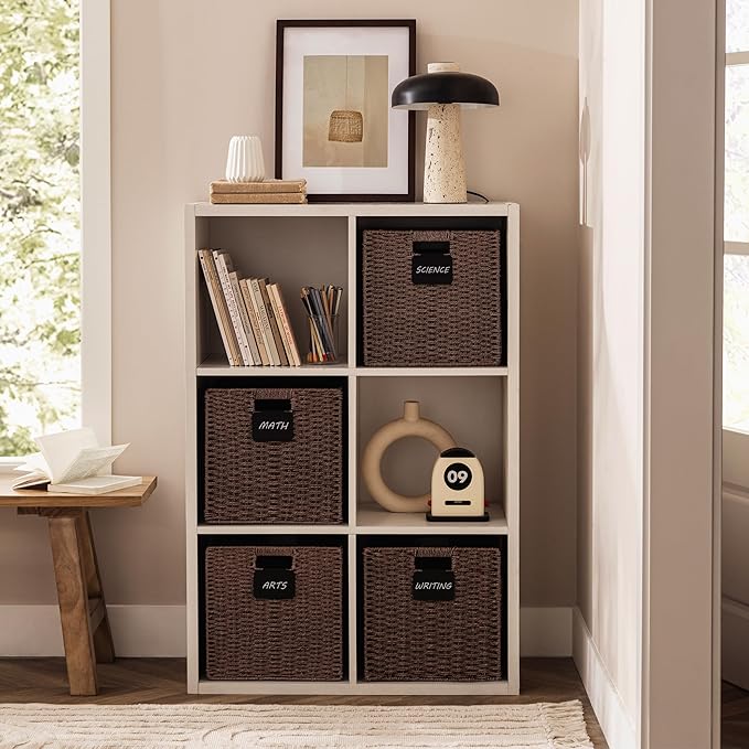 UBBCARE 2 Pack Wicker Basket, 12×12 Storage Cubes with Label, Foldable Cube Storage Bin with Handle, Square Storage Basket for Shelves, Woven Paper Rope Basket for Organizing, Brown