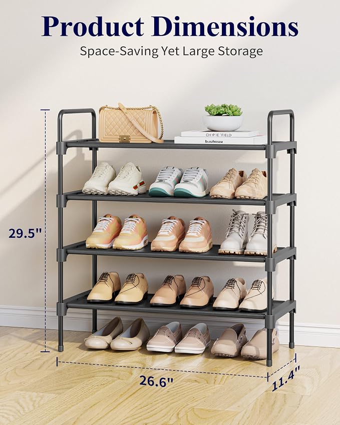 Kitsure Shoe Rack for Closet, 26.6" Wide - 4 Tiers, Black | Shoe Organizer for Front Door Entrance, Stackable Shoe Shelf, Closet Organizers and Storage